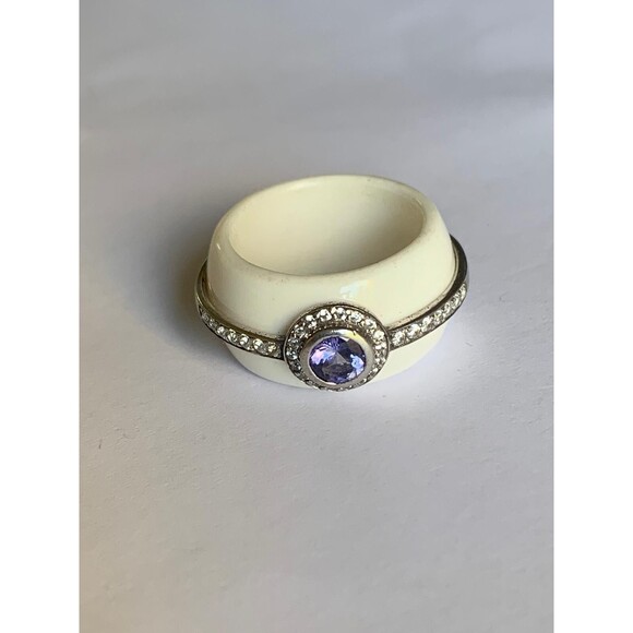 Amethyst and White Topaz Ring Size 7 Ceramic .925 Sterling Silver - Picture 2 of 6